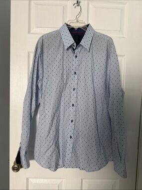 Light Blue Long-Sleeve Dress Shirt with Navy Micro Dot Pattern